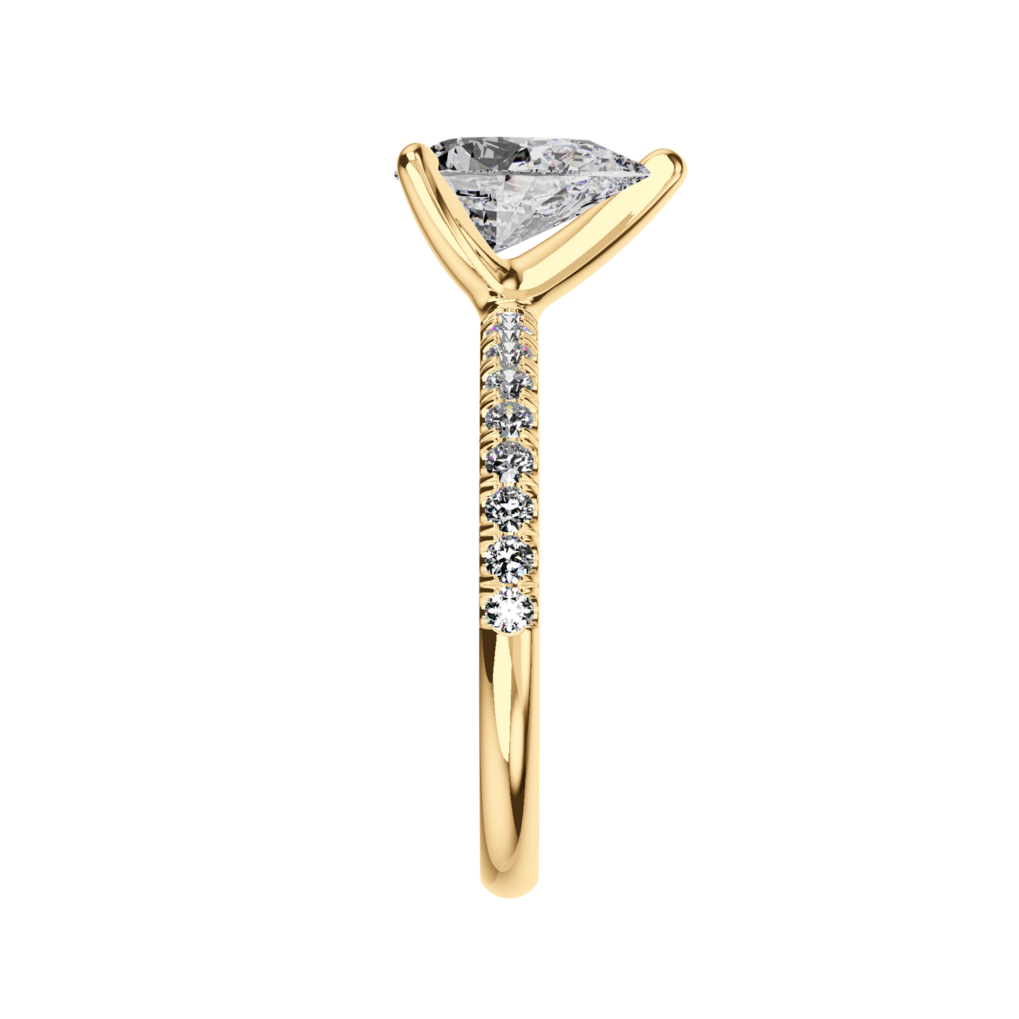 Verlobungsring aus Gelbgold mit tropfenförmigem Lab Grown Diamanten und Pavé-Band Front