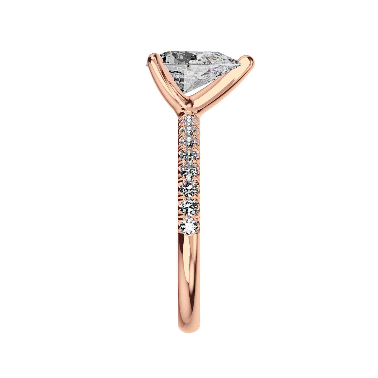 Verlobungsring aus Roségold mit tropfenförmigem Lab Grown Diamanten und Pavé-Band Side