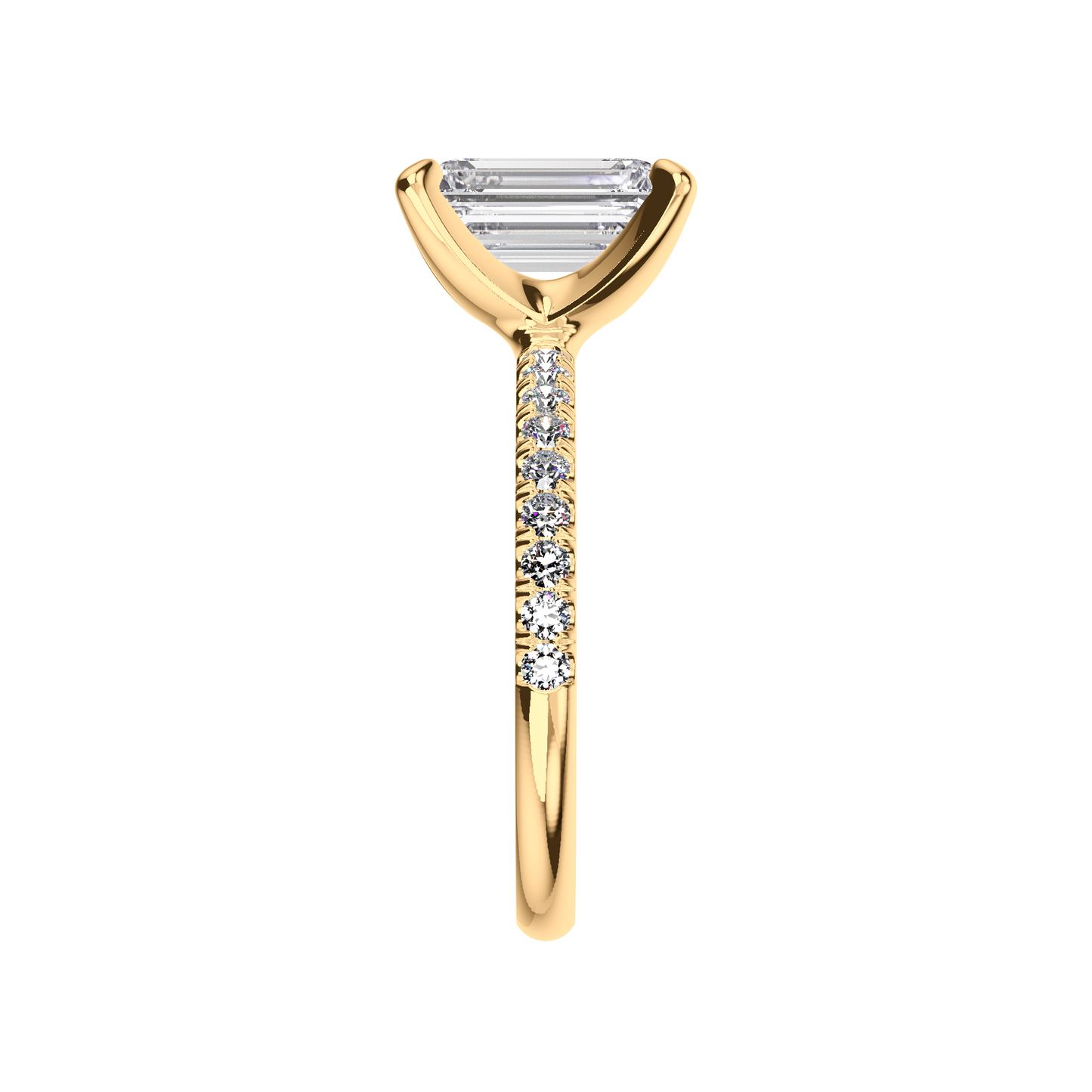 Emerald-Verlobungsring aus 18 Karat Gelbgold mit Lab Grown Diamanten und Pavé-Band Side