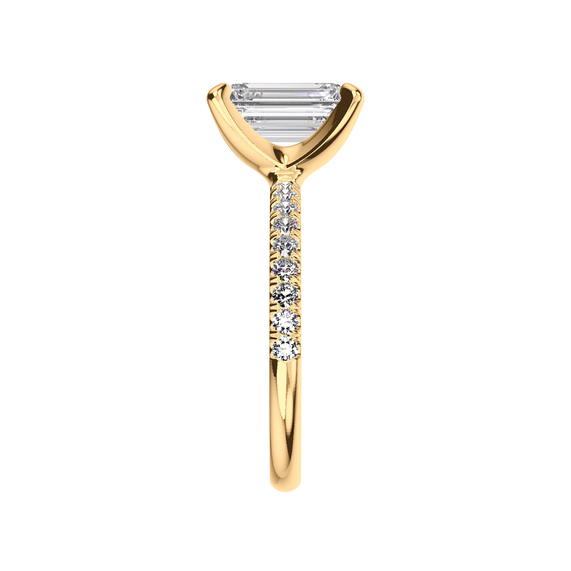Emerald-Verlobungsring aus 18 Karat Gelbgold mit Lab Grown Diamanten und Pavé-Band Side