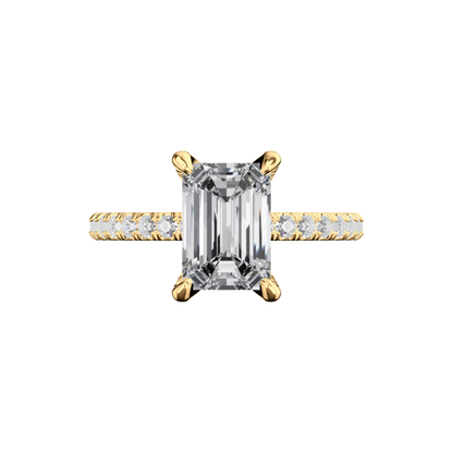 Emerald-Verlobungsring aus 18 Karat Gelbgold mit Lab Grown Diamanten und Pavé-Band Top