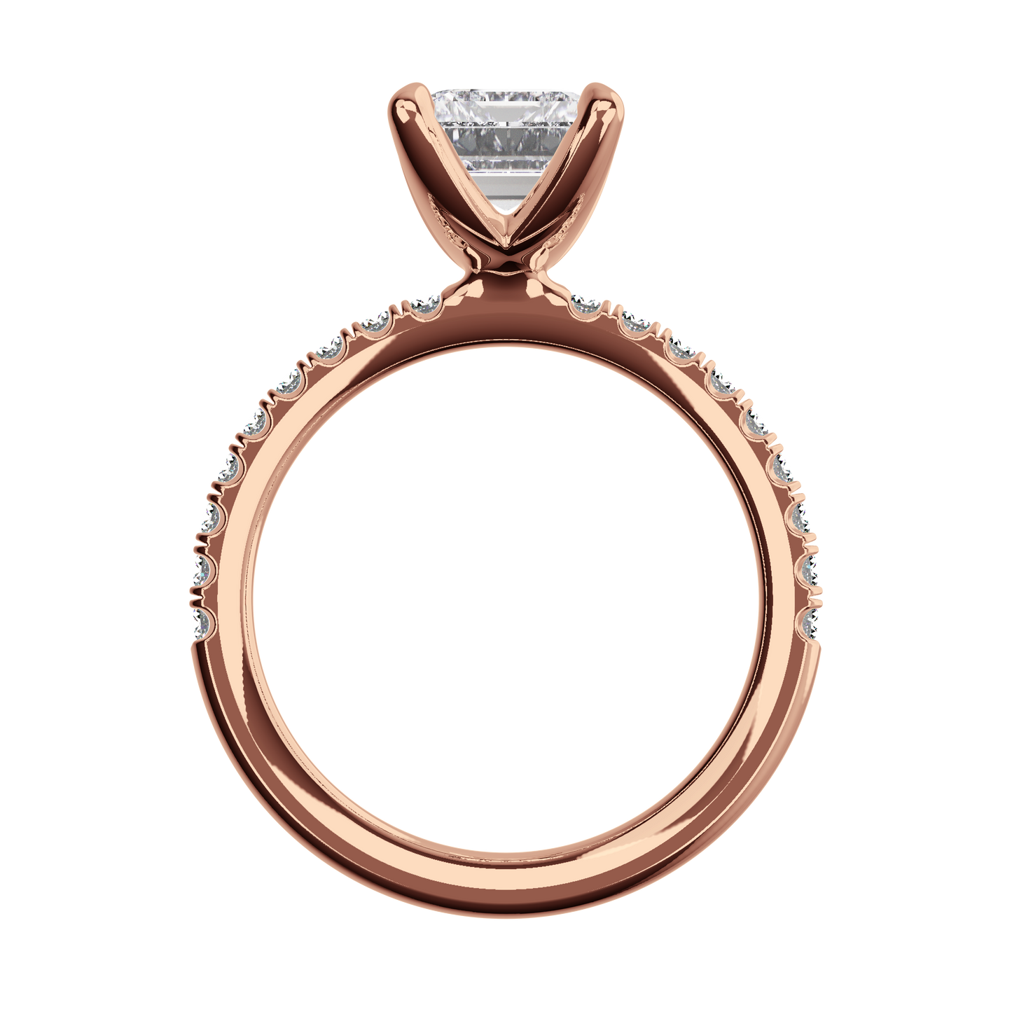 Emerald-Verlobungsring aus Roségold mit Lab Grown Diamanten und Pavé-Band Side
