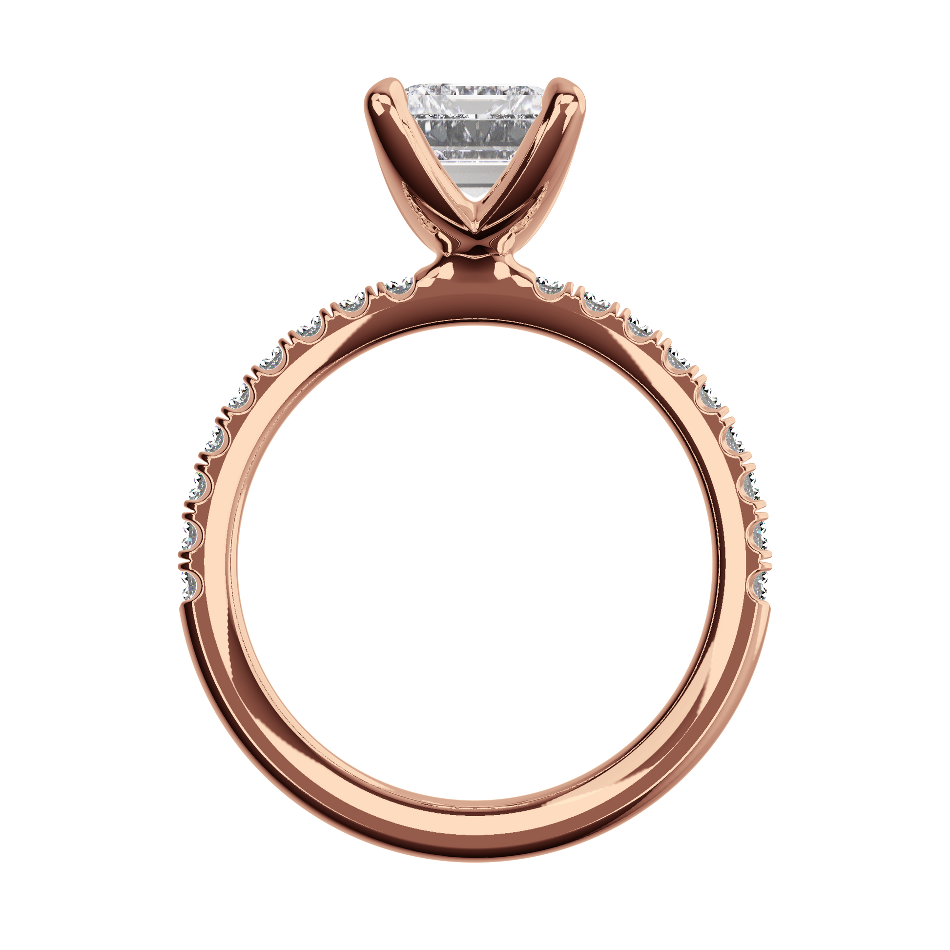 Emerald-Verlobungsring aus Roségold mit Lab Grown Diamanten und Pavé-Band Side