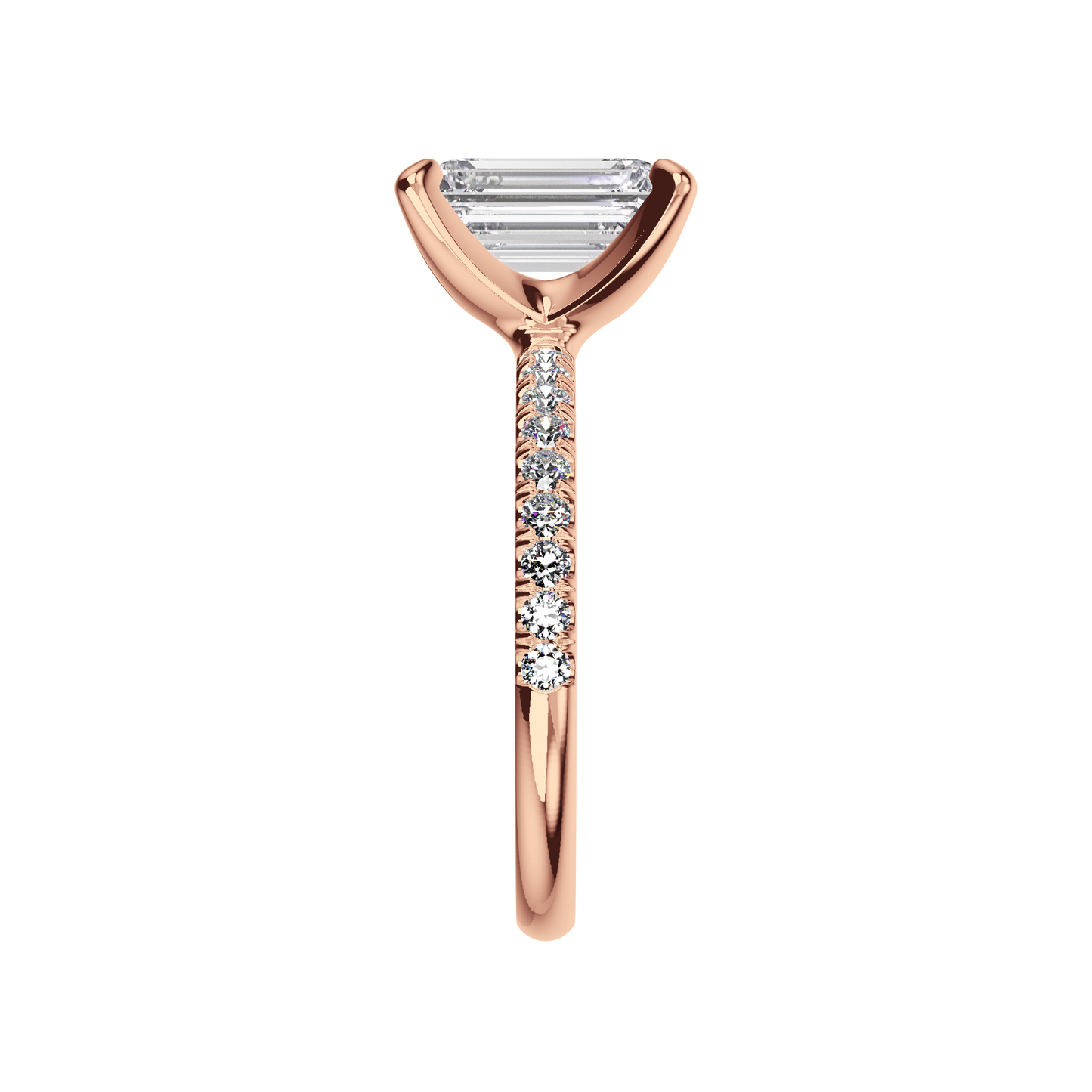 Emerald-Verlobungsring aus Roségold mit Lab Grown Diamanten und Pavé-Band Side
