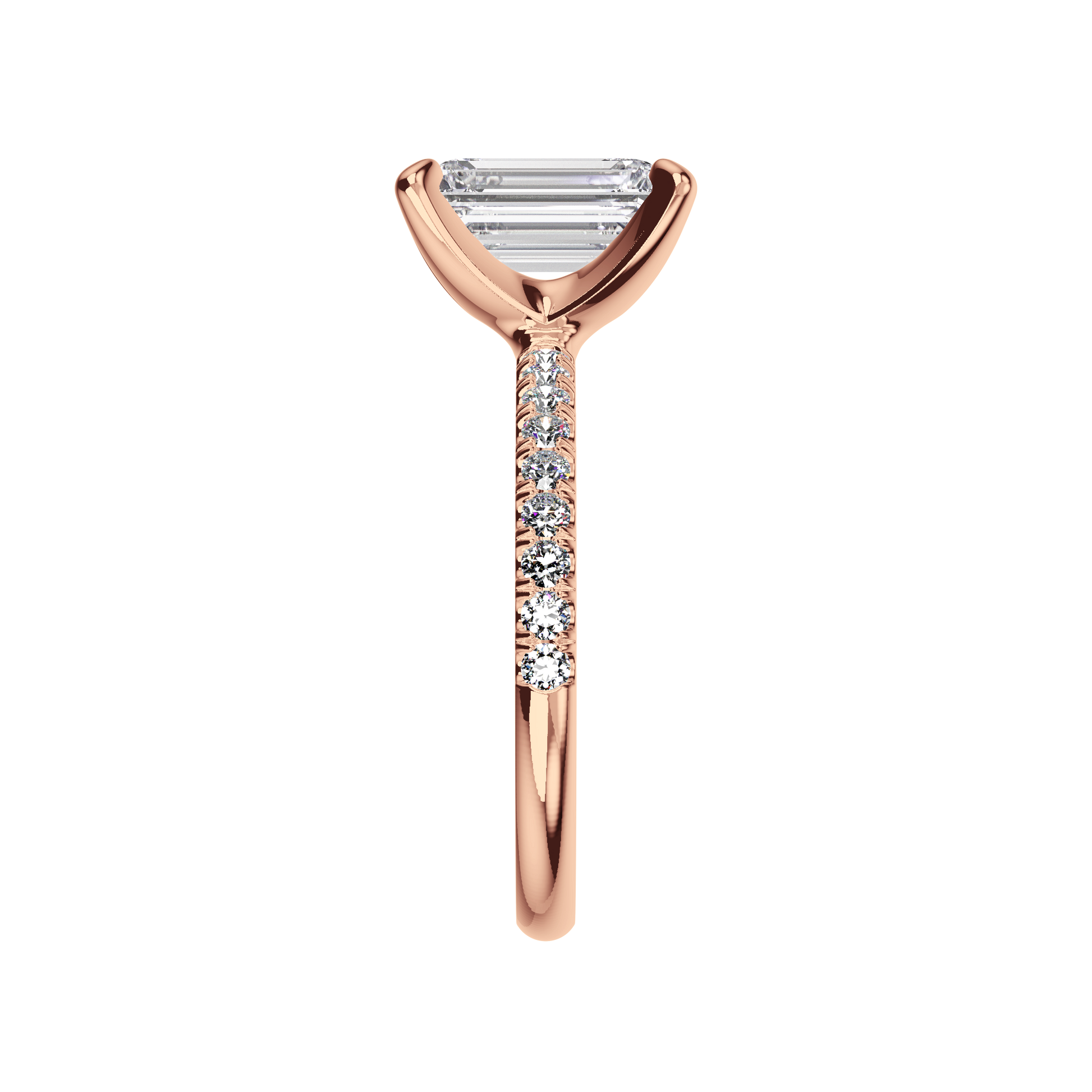 Emerald-Verlobungsring aus Roségold mit Lab Grown Diamanten und Pavé-Band Side