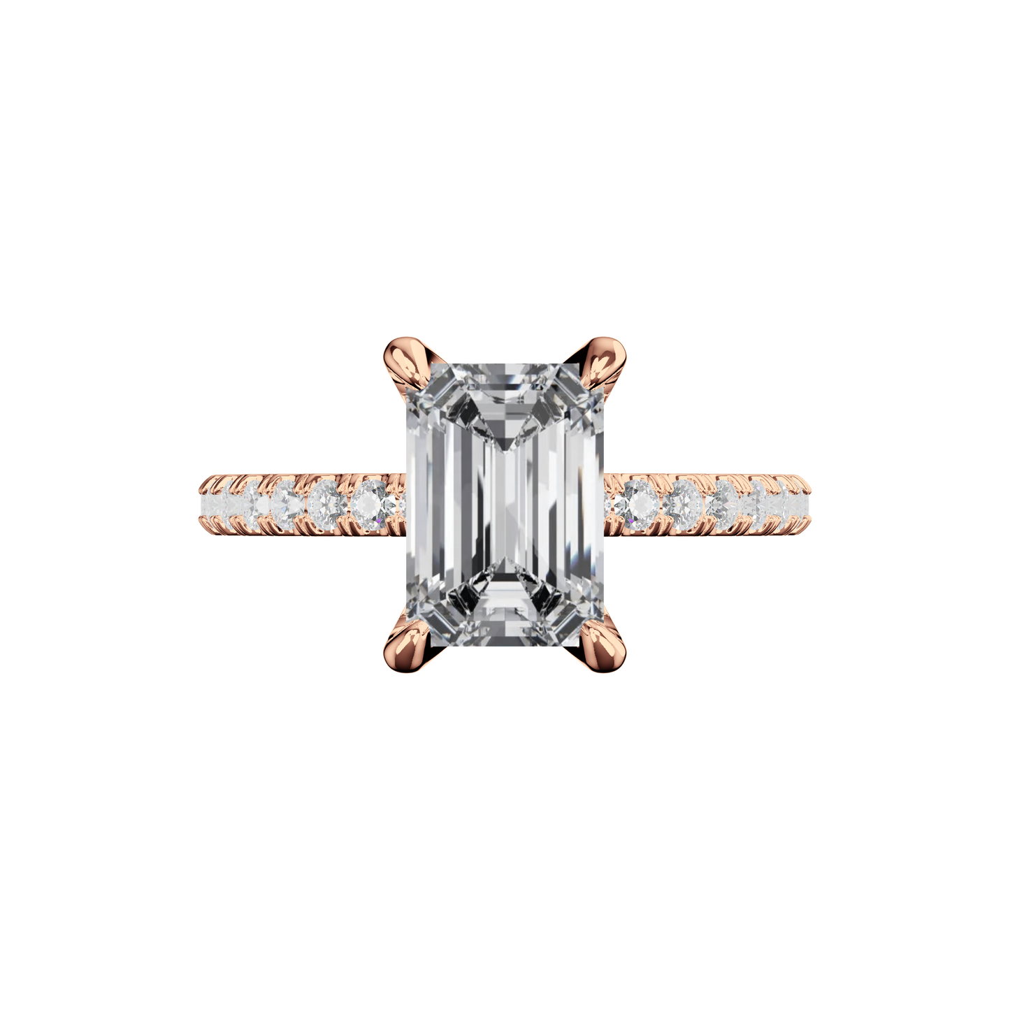 Emerald-Verlobungsring aus Roségold mit Lab Grown Diamanten und Pavé-Band Top