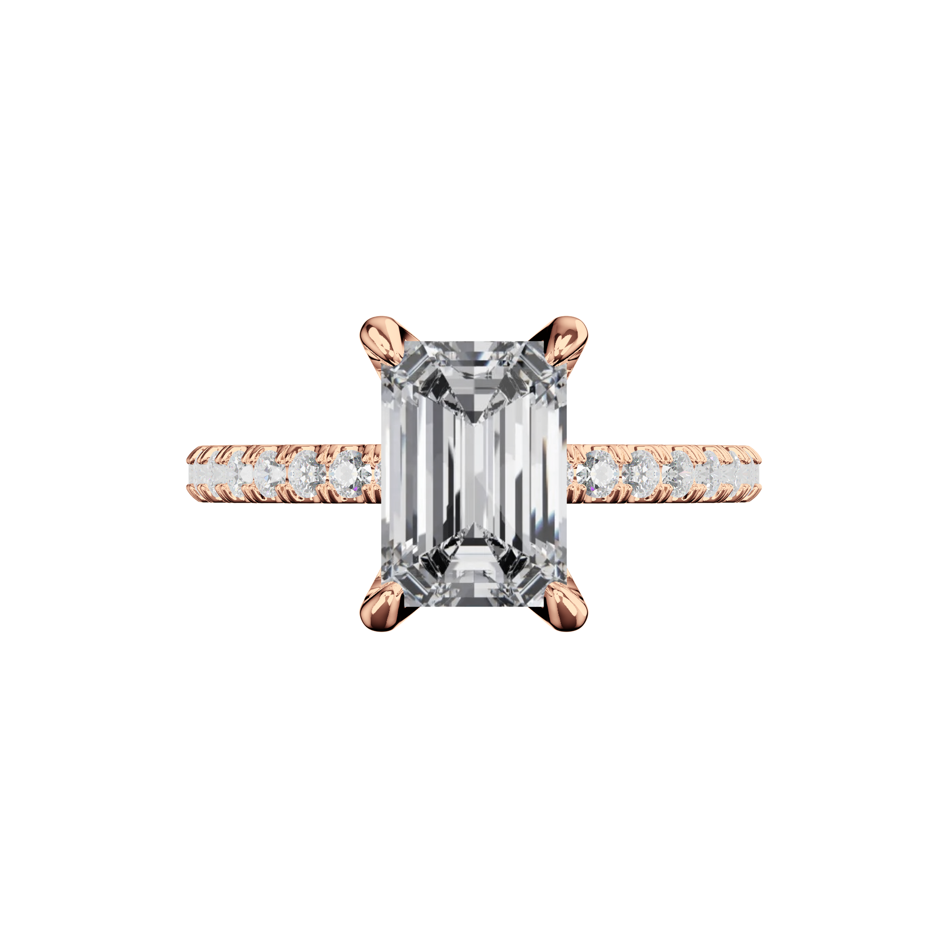 Emerald-Verlobungsring aus Roségold mit Lab Grown Diamanten und Pavé-Band Top