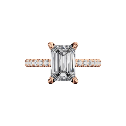 Emerald-Verlobungsring aus Roségold mit Lab Grown Diamanten und Pavé-Band Top
