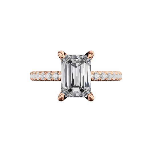 Emerald-Verlobungsring aus Roségold mit Lab Grown Diamanten und Pavé-Band Top