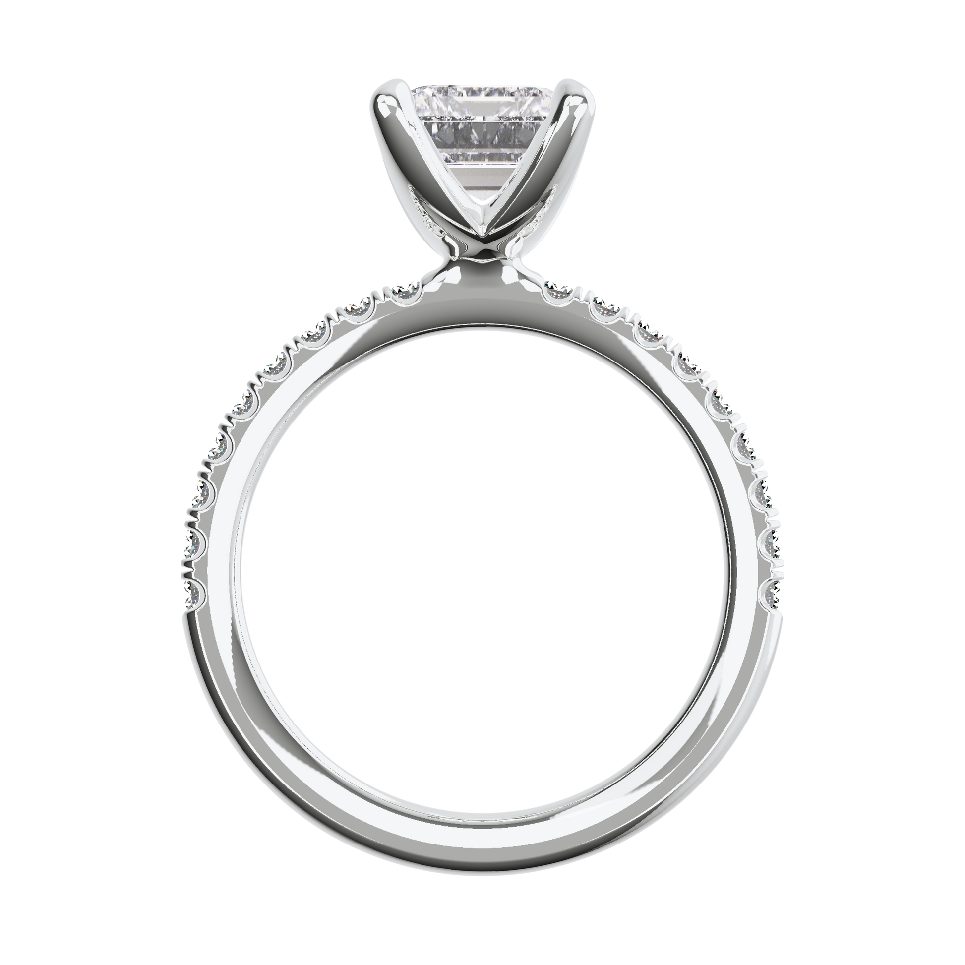 Emerald-Verlobungsring aus Platin mit Lab Grown Diamanten und Pavé-Band Front
