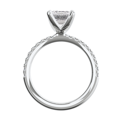 Emerald-Verlobungsring aus Platin mit Lab Grown Diamanten und Pavé-Band Front