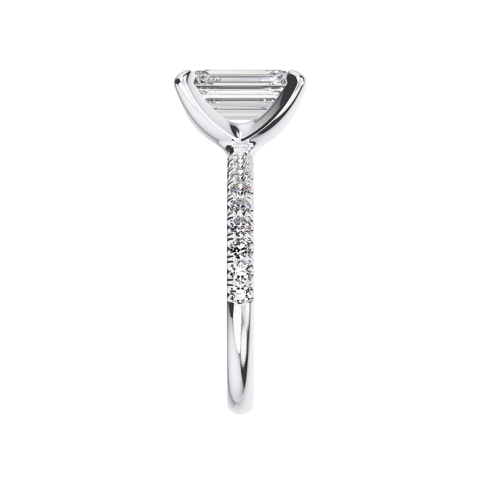 Emerald-Verlobungsring aus Platin mit Lab Grown Diamanten und Pavé-Band Side