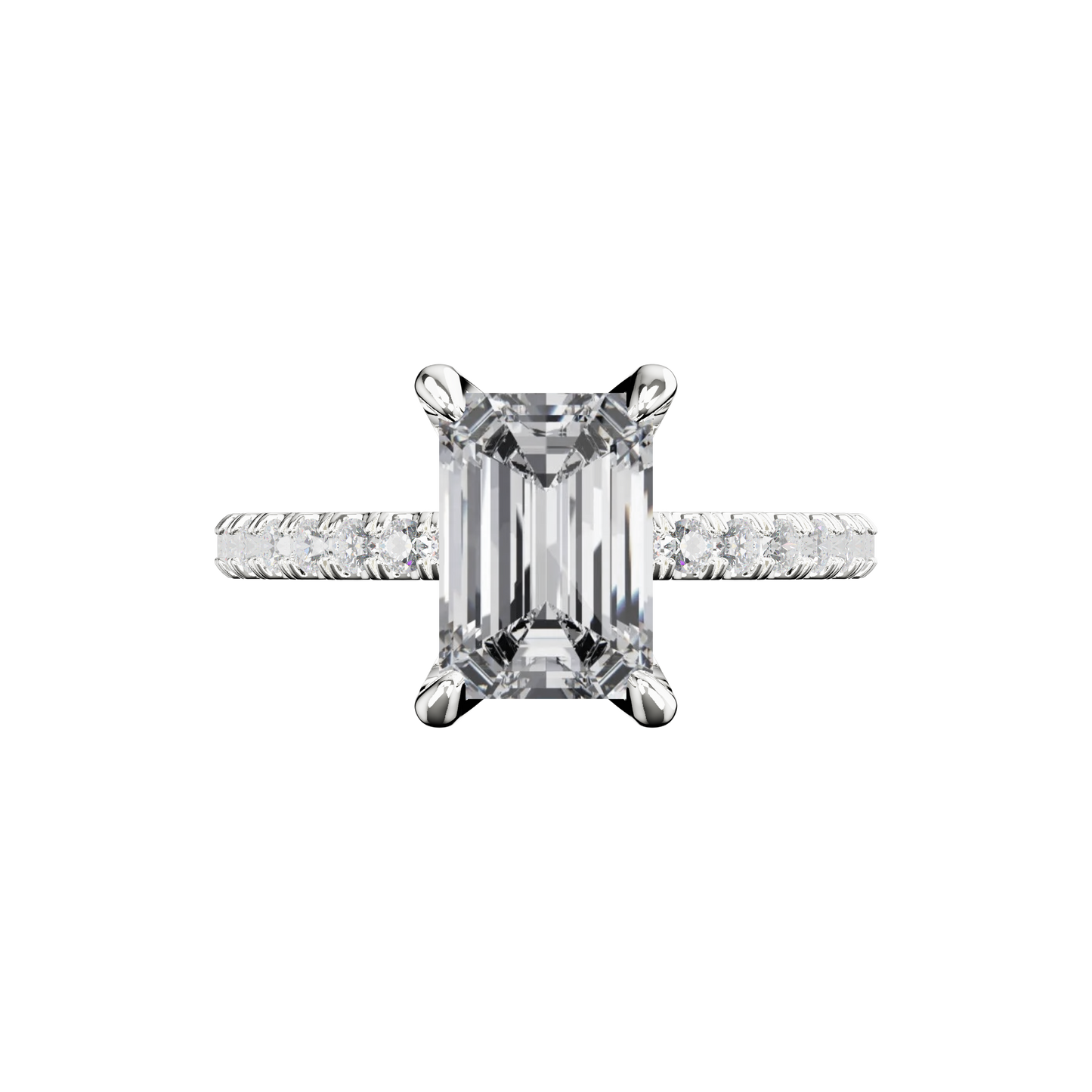 Emerald-Verlobungsring aus Platin mit Lab Grown Diamanten und Pavé-Band Top