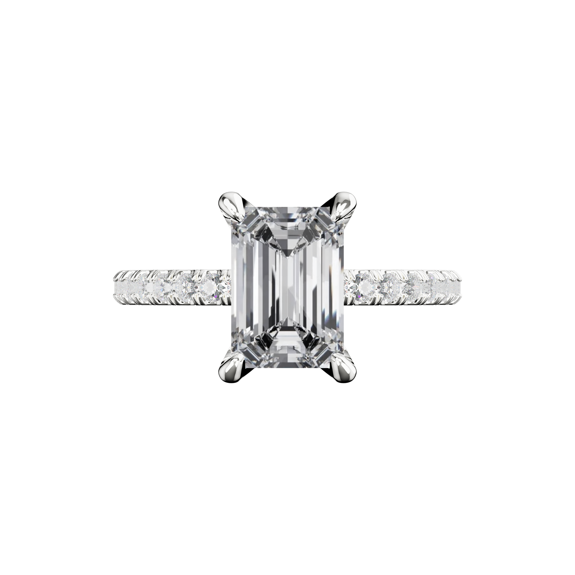 Emerald-Verlobungsring aus Platin mit Lab Grown Diamanten und Pavé-Band Top