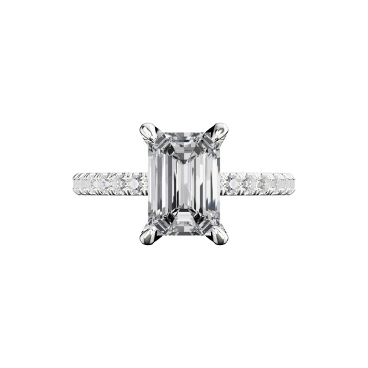 Emerald-Verlobungsring aus Platin mit Lab Grown Diamanten und Pavé-Band Top