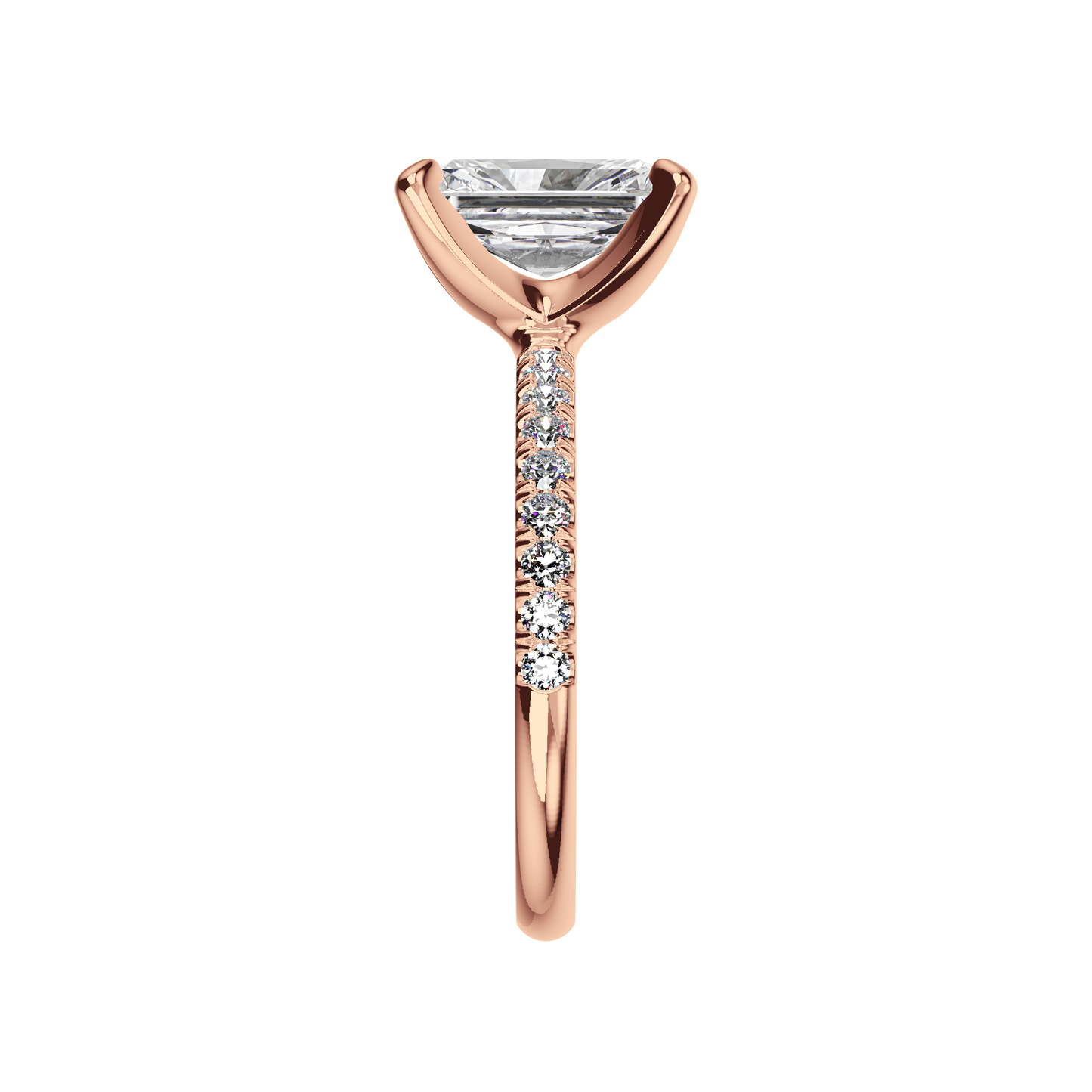 Radiant Verlobungsring mit Lab Grown Diamanten und Pavé-Band in Roségold Side