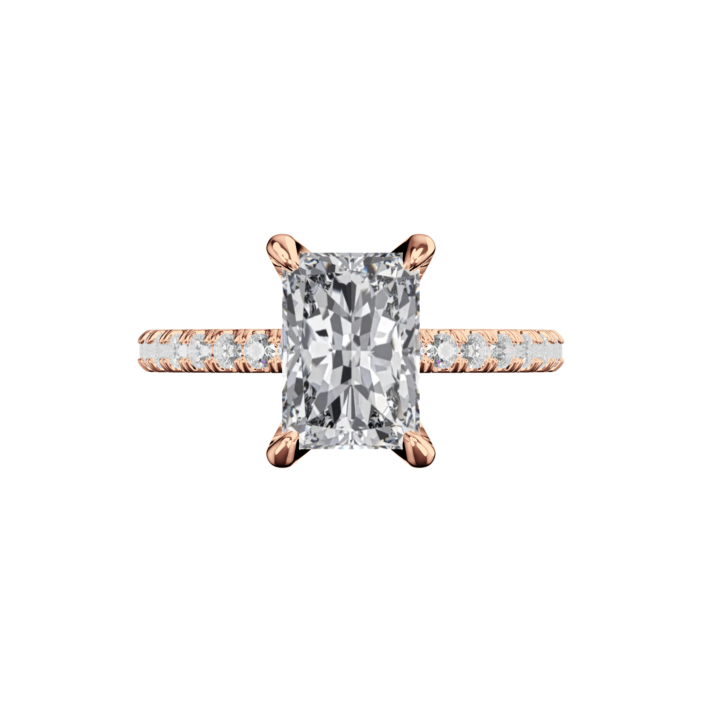 Radiant Verlobungsring mit Lab Grown Diamanten und Pavé-Band in Roségold Top