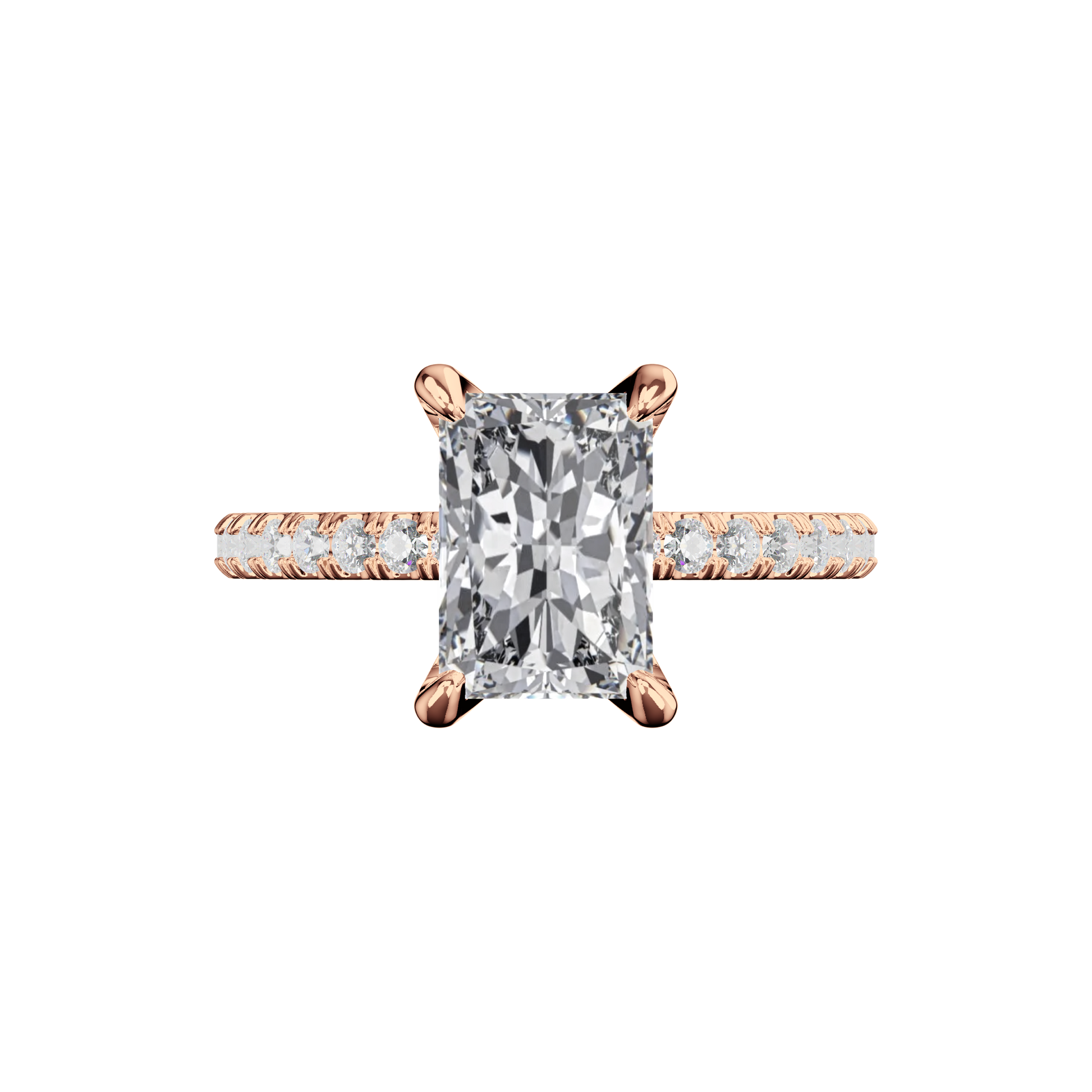 Radiant Verlobungsring mit Lab Grown Diamanten und Pavé-Band in Roségold Top