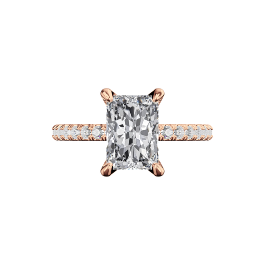 Radiant Verlobungsring mit Lab Grown Diamanten und Pavé-Band in Roségold Top