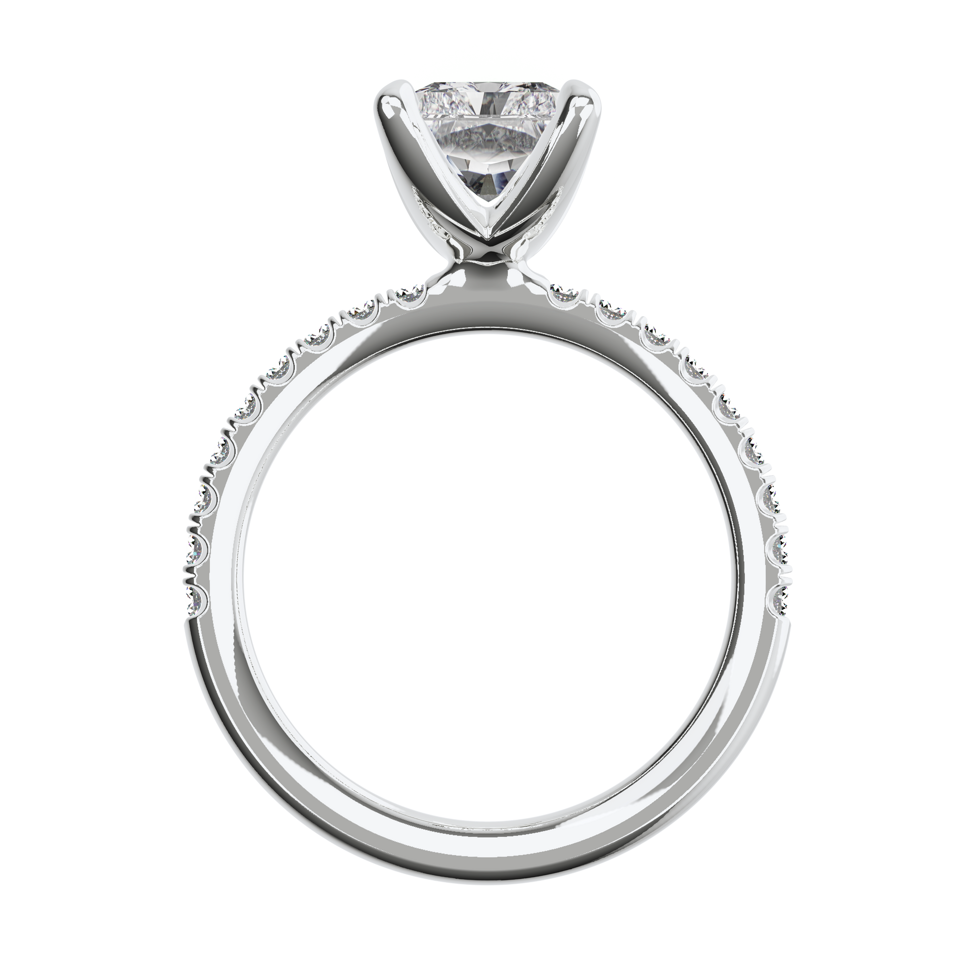 Radiant Verlobungsring mit Lab Grown Diamanten und Pavé-Band aus Platin Front