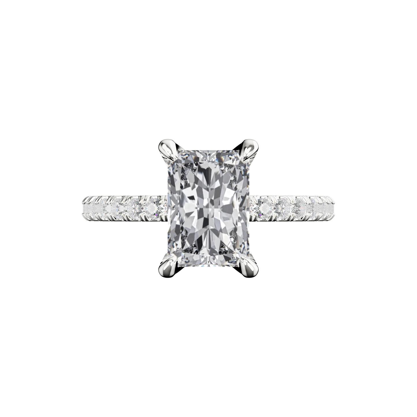 Radiant Verlobungsring mit Lab Grown Diamanten und Pavé-Band aus Platin Top