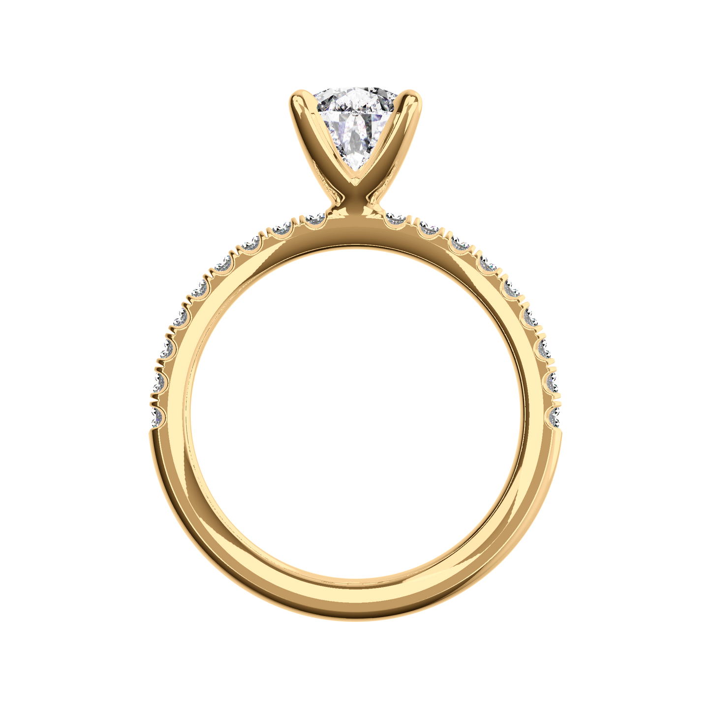 Verlobungsring aus Gelbgold mit tropfenförmigem Lab Grown Diamanten und Pavé-Band Front