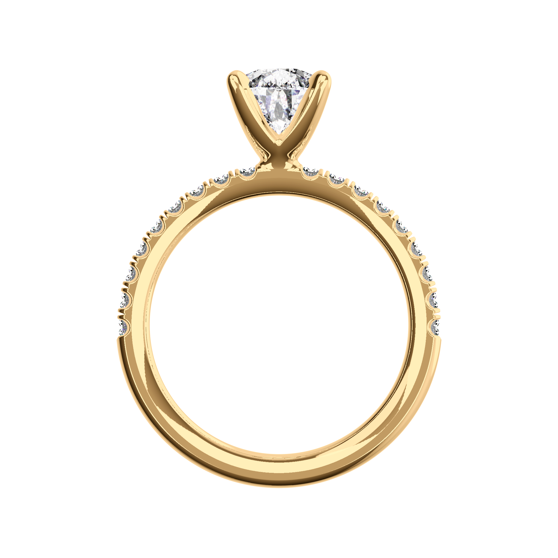 Verlobungsring aus Gelbgold mit tropfenförmigem Lab Grown Diamanten und Pavé-Band Front