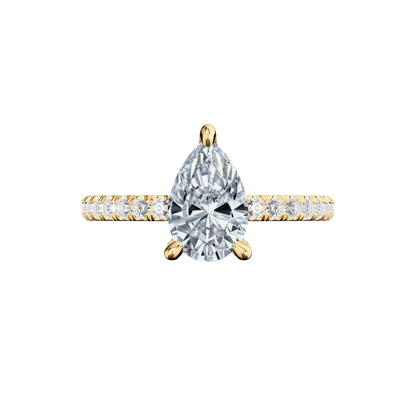 Verlobungsring aus Gelbgold mit tropfenförmigem Lab Grown Diamanten und Pavé-Band Top