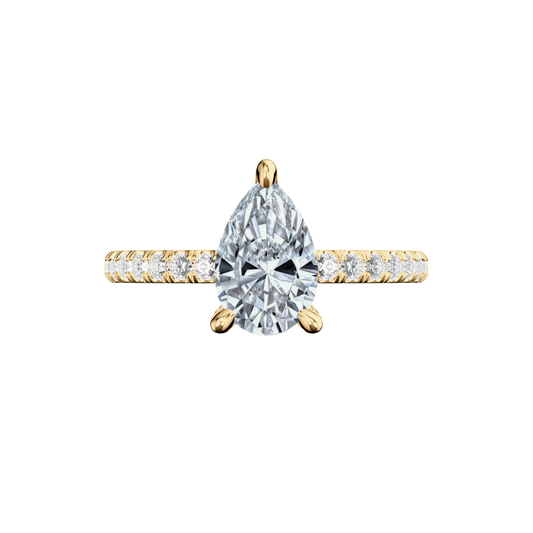 Verlobungsring aus Gelbgold mit tropfenförmigem Lab Grown Diamanten und Pavé-Band Top