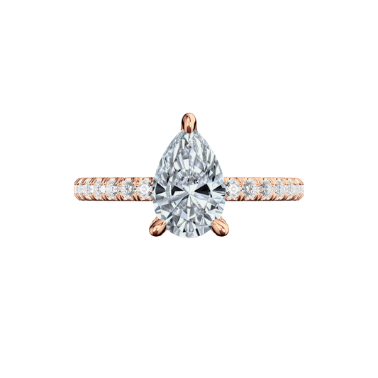 Verlobungsring aus Roségold mit tropfenförmigem Lab Grown Diamanten und Pavé-Band Top